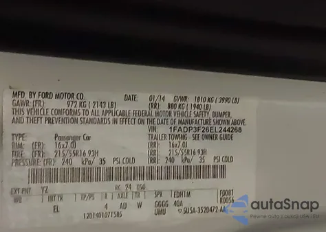 2014 Ford Focus Se z USA, uszkodzony, nr VIN 1FADP3F26EL244268